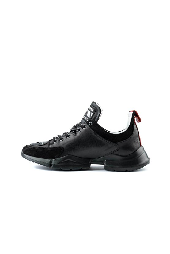 Süet Detaylı Siyah Deri Sneaker Ayakkabı