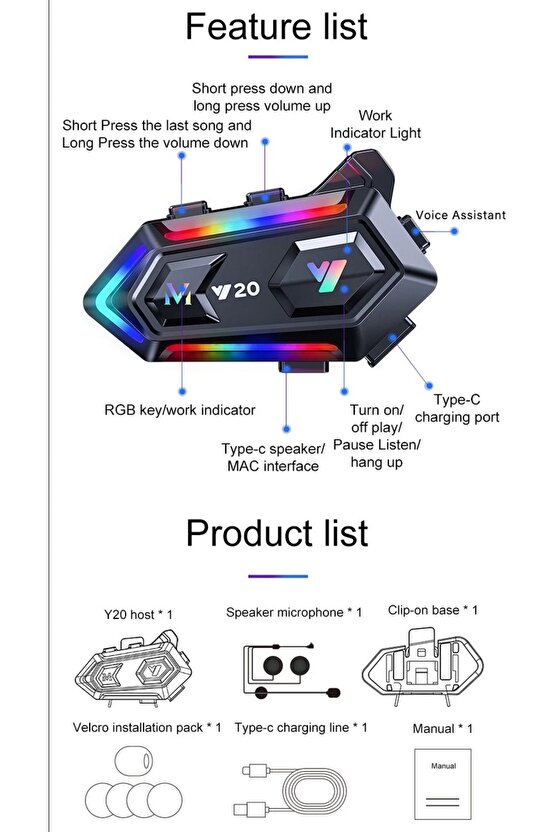 motosiklet RGB Bluetooth kulaklık sesli asistanı müzik çalma navigasyon ile interkom