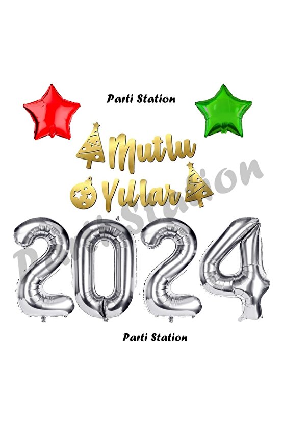 Yılbaşı 2024 Gümüş Renk Rakam Balon Seti 76 cm Yılbaşı Mutlu Yıllar Banner Balon Seti