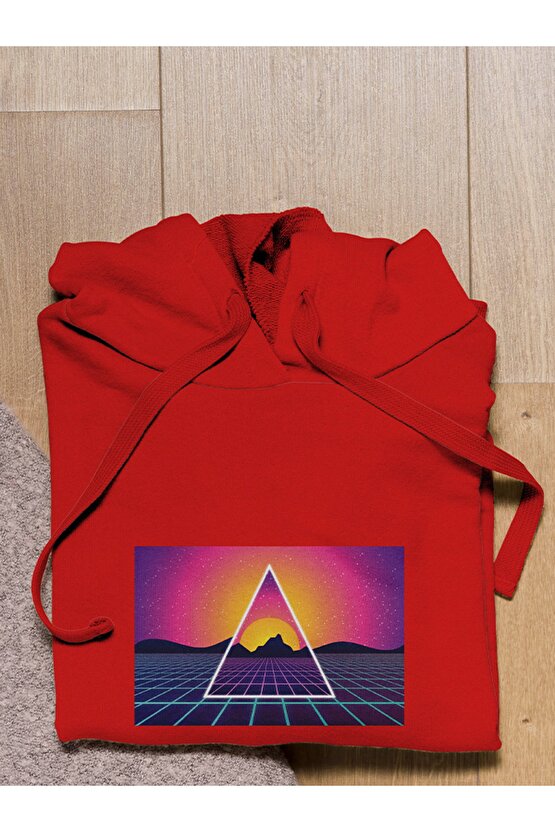 Vapor Wave Renkli Design Baskılı Tasarım 2 Iplik Şardonlu Gri Hoodie Sweatshirt