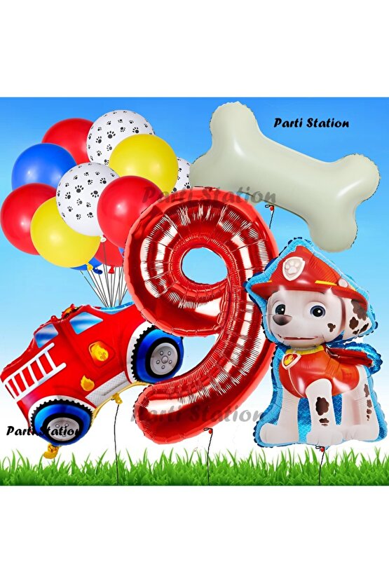 Paw Patrol Marshall İtfaiyeci Köpek Konsept 9 Yaş Doğum Günü Parti Balon Set Paw Patrol Kemik Balon