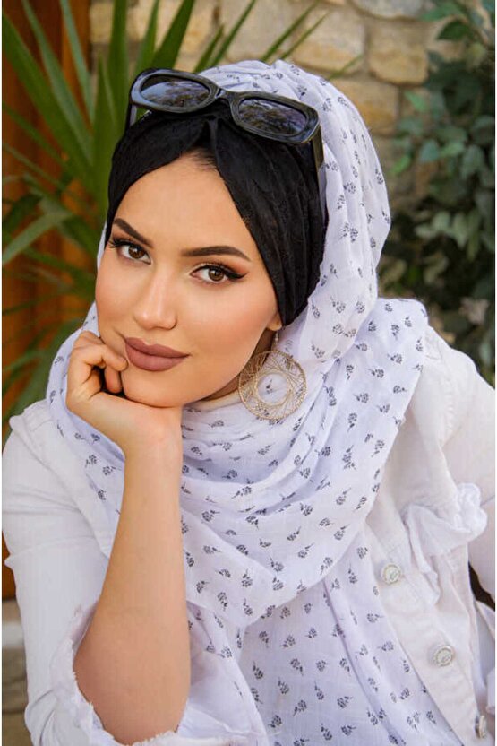 Beyaz Çiçekli Koton Bandana Şal - 50100