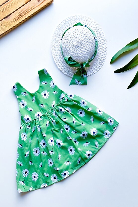 Kız Bebek Kız Çocuk Yazlık Elbise Askılı Şapkalı Bebek Takım Bebek Giyim