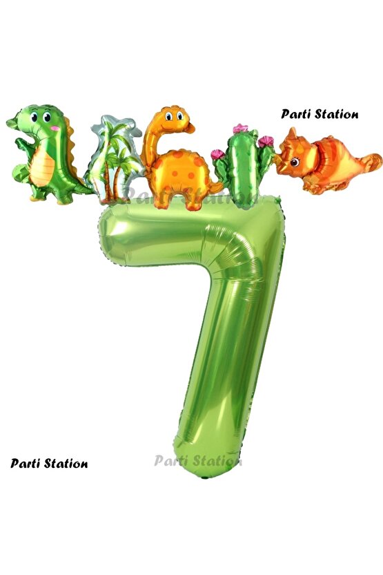 Yeşil Renk Rakam Balonlu Dinozor 7 Yaş Doğum Günü Parti Yapışık Balon Set Dinozor Tema Parti Set