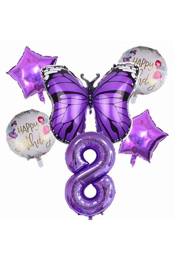 Mor Kelebek Mor Renk 8 Yaş Rakam Balon Set Doğum Günü Parti Mor Renk Helyum Balon Mor Rakam Balon