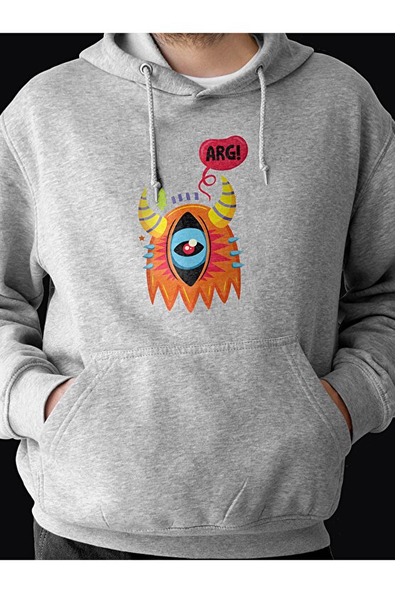 Monster Serisi Göz Baskılı Tasarım 3 Iplik Kalın Gri Hoodie Sweatshirt