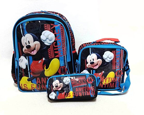 Mickey Mouse Çekçekli İlkokul Çantası 3 lü Set