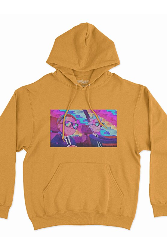 Rick And Morty Baskılı Tasarım 3 Iplik Kalın Sarı Hoodie Sweatshirt