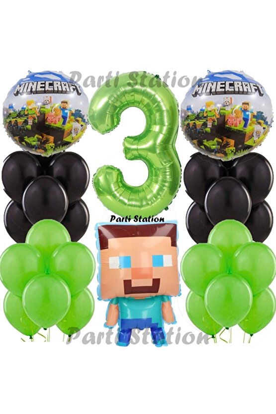 Yeşil Rakam Balonlu Minecraft Konsept Doğum Günü 3 Yaş Balon Set Minecraft Yeşil Siyah Balon Set