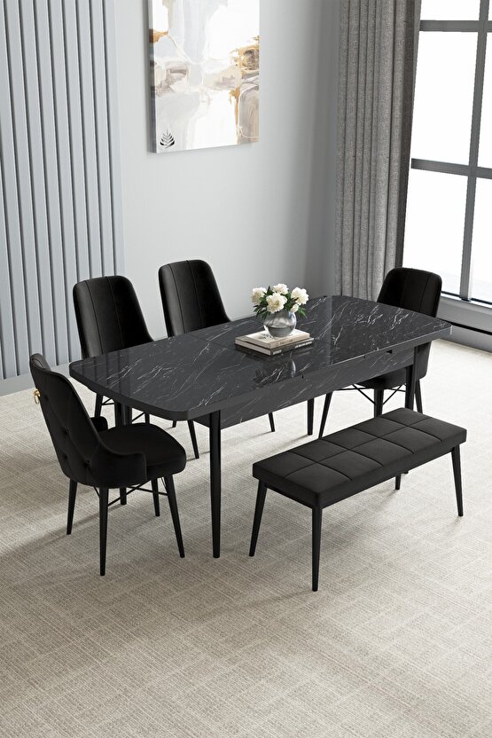 Loft Siyah Mermer Desen 80x132 Açılabilir Mutfak Masası Takımı 4 Sandalye, 1 Bench