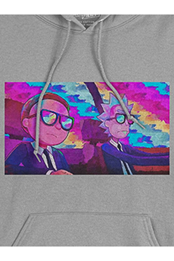 Rick And Morty Baskılı Tasarım 2 Iplik Şardonlu Gri Hoodie Sweatshirt