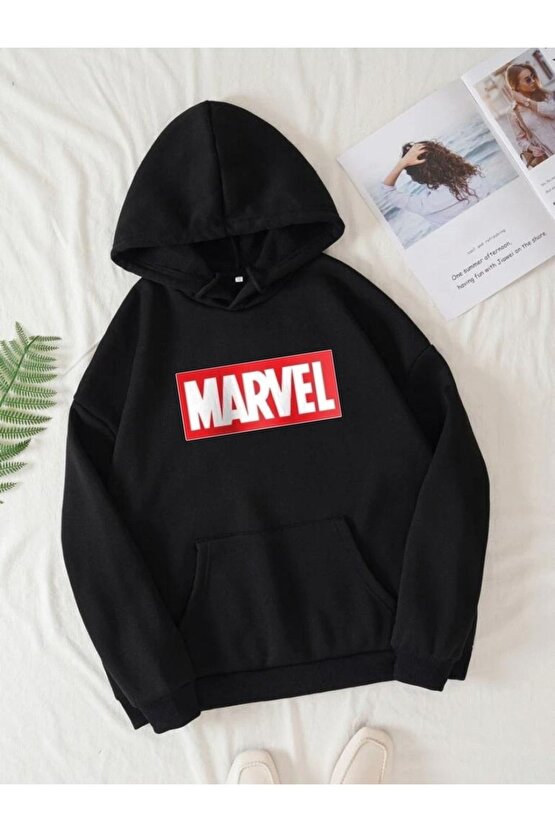 Kapşonlu Oversize Marvel Baskılı Sweatshirt