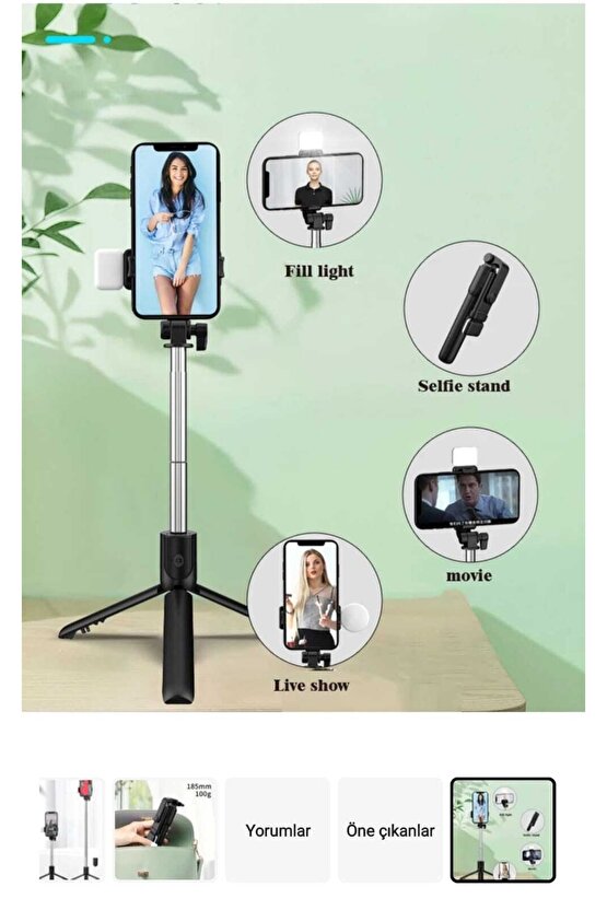 Bluetooth Lu Led Işıklı Selfie Çubuğu Uzaktan Kumandalı Yatay Ve Dikey Kullanabilme Özçekim Tripod