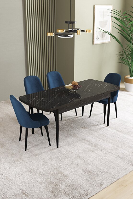 Ikon Siyah Mermer Desen 80x132 Mdf Açılabilir Yemek Masası Takımı 4 Adet Sandalye