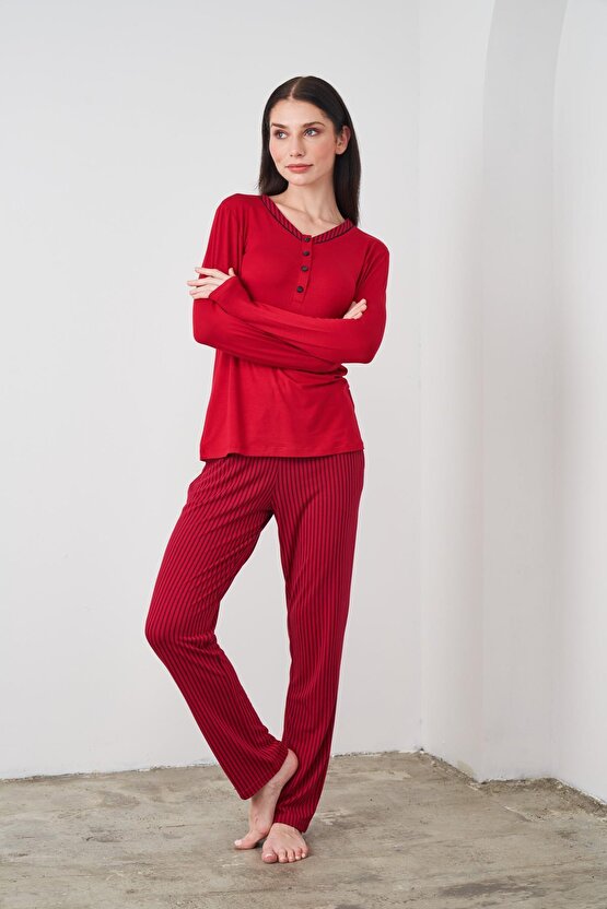 24522 Kadın Patlı Çizgili Pijama Takım