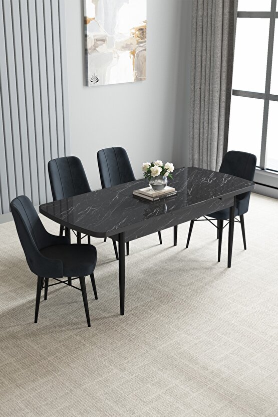 Jusie Siyah Mermer Desen 80x132 Açılabilir Mutfak Masası Takımı 4 Adet Sandalye