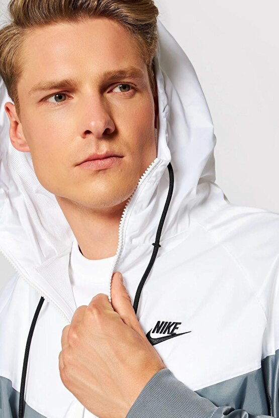 Sportswear Windrunner Jacket Kapüşonlu Erkek Ceketi Beyaz Gri