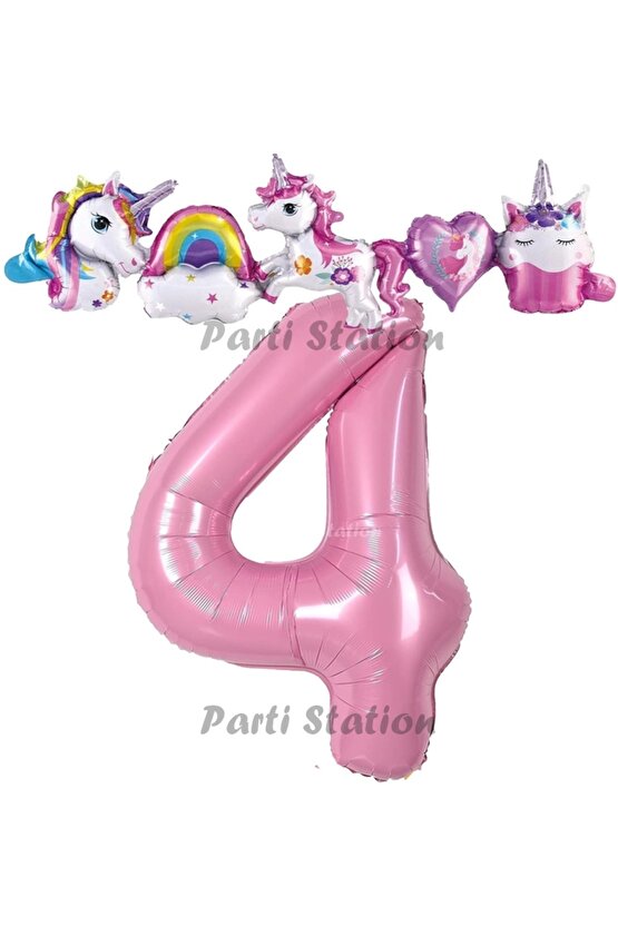 Pembe Renk Rakam Balonlu Unicorn 4 Yaş Doğum Günü Parti Balon Set Pembe Renk Unicorn Tema Parti Seti