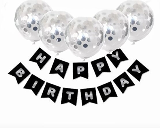 Happy bırthday siyah gümüş varaklı banner yazı  şeffaf gümüş konfetili balon seti