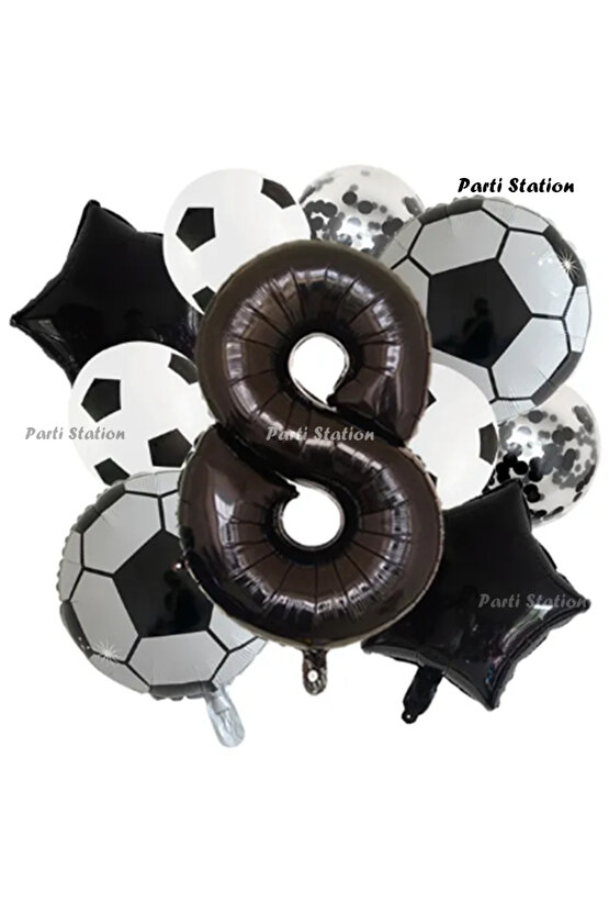 Siyah Beyaz Konsept 8 Yaş Doğum Günü Balon Set Siyah Beyaz Futbol Tema Doğum Günü Balon Set