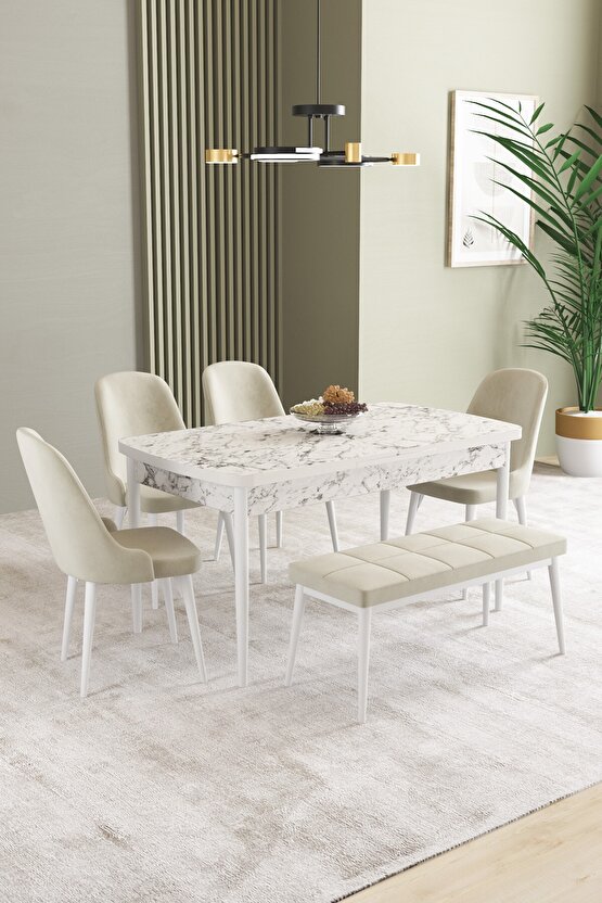 Ikon Beyaz Mermer Desen 80x132 Mdf Açılabilir Mutfak Masası Takımı 4 Sandalye, 1 Bench