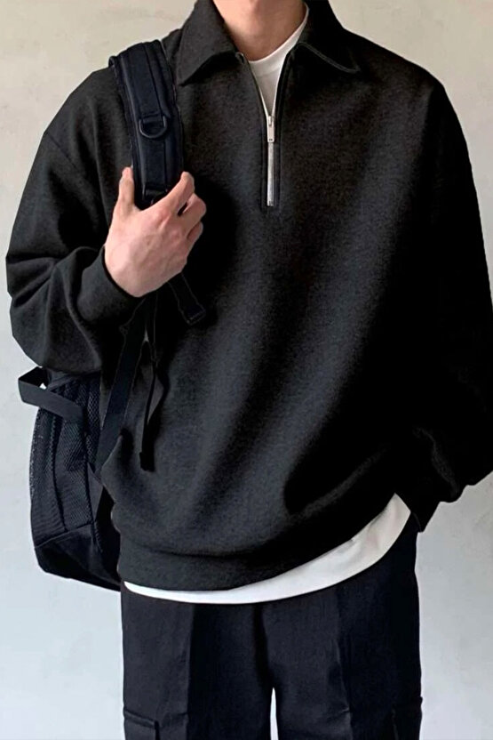 Erkek Polo Yaka Siyah Oversize Sweatshirt