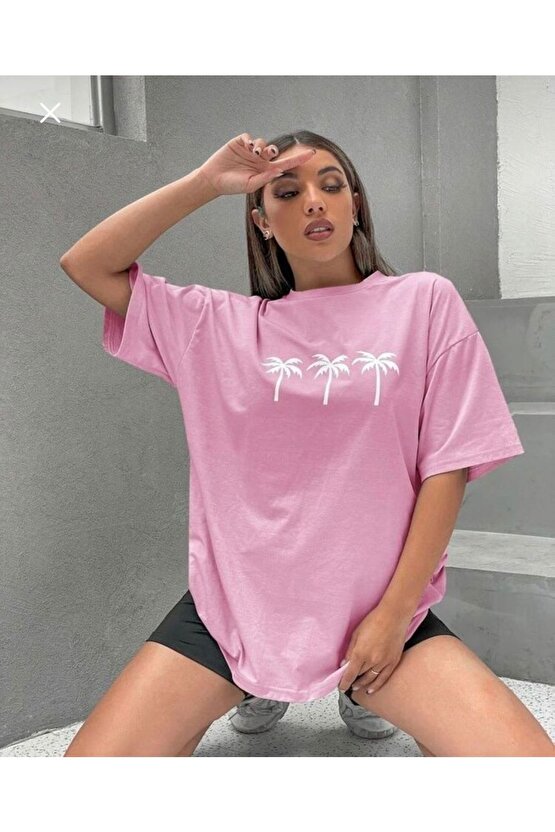 Unisex Oversize Palmiye Baskılı Pembe Tshirt