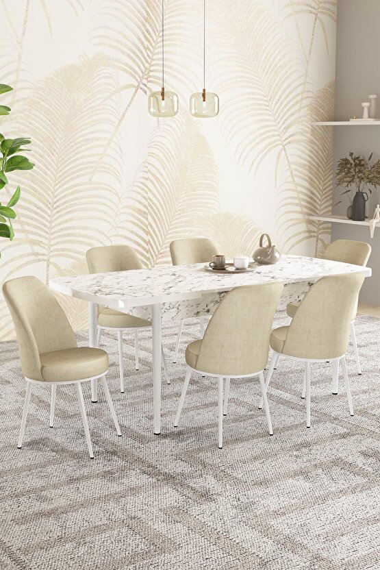 Rita Beyaz Mermer Desen 80x132 Açılabilir Mutfak Masası Takımı 6 Adet Sandalye