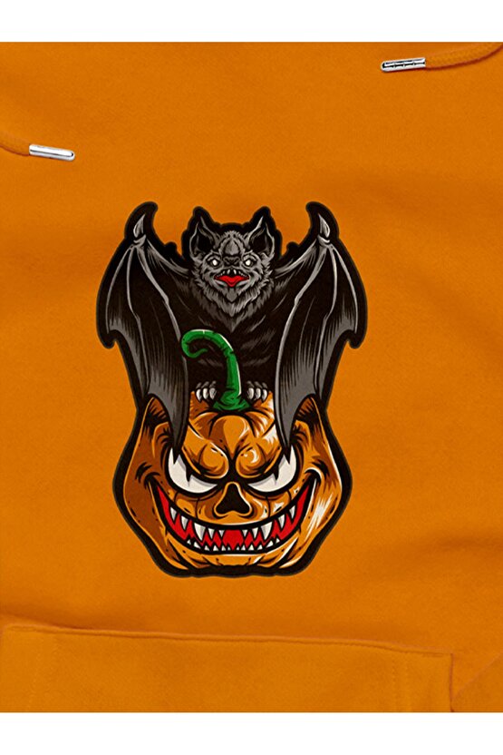 Bal Kabağı Baskılı Hallowen Oversize Siyah 3 Iplik Kalın Sweatshirt Hoodie