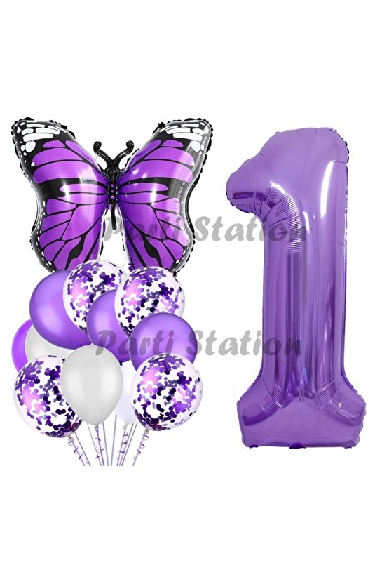 Mor Kelebek Konsept 1 Yaş Balon Set Butterfly Kelebek Mor Rakam Balon Parti Doğum Günü Balon Set