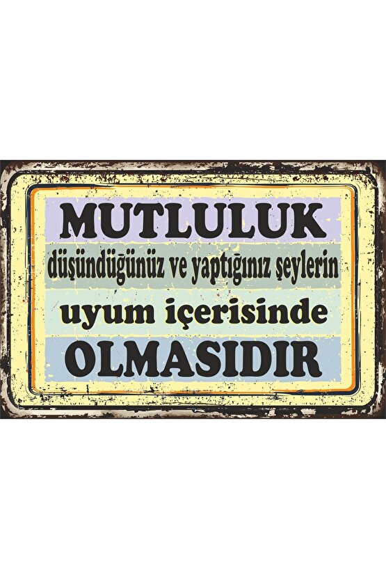 Mutluluk Renkli Motivasyon Duvar Yazıları Retro Ahşap Poster