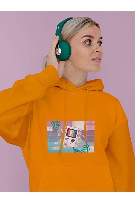 Vapor Wave Tetris Design Baskılı Tasarım 3 Iplik Kalın Sarı Hoodie Sweatshirt