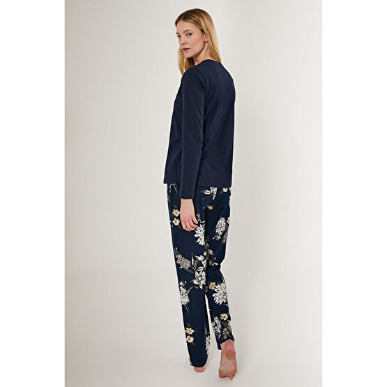 Pierre Cardin Rose Pattern Lacivert Kadın Uzun Kol Pijama Takım
