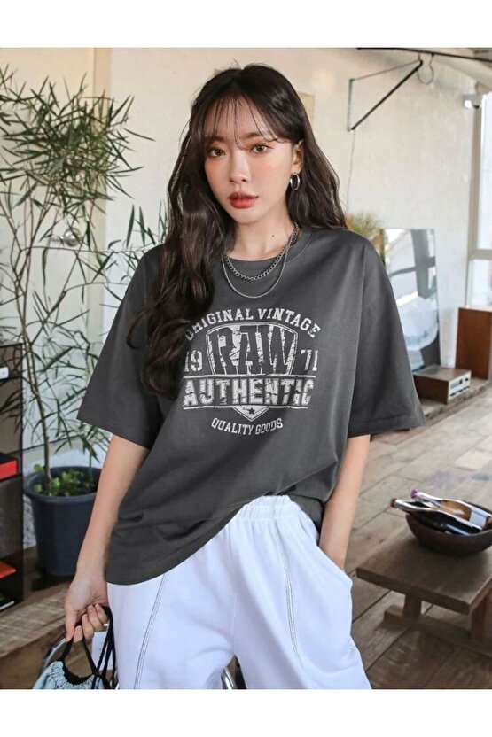 Kadın Oversize Original Vintage Baskılı Antrasit Tshirt