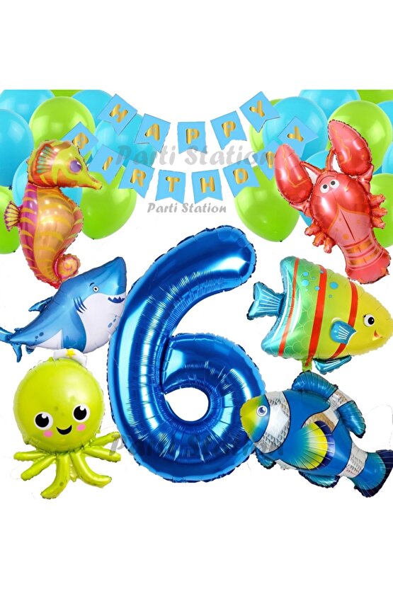 Büyük Boy Balonlu Okyanus Hayvanları 6 Yaş Doğum Günü Balon Set Deniz Canlıları Balon Set