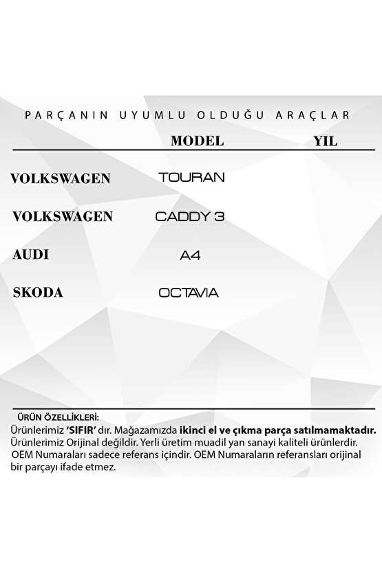 Volkswagen Touran, Caddy 3, Audi A4, Skoda Octavia Ön Kapılar Için Cam Kriko Makarası