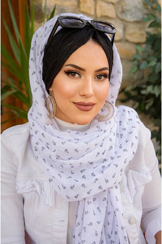 Beyaz Çiçekli Koton Bandana Şal - 50100