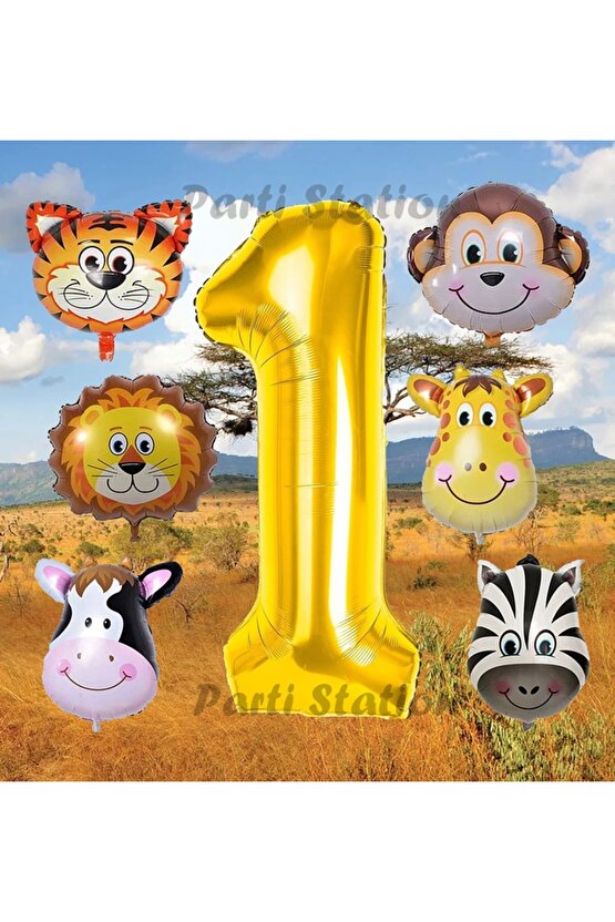 Altın Renk Rakam Balonlu Safari 1 Yaş Doğum Günü Parti Balon Set Safari Hayvanlar Tema Parti Set