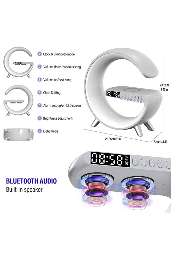 G Bluetooth Hoparlör 15w Kablosuz Hızlı Şarj Alarm Çalar Saat Gece Lambası Ambians Led Işık