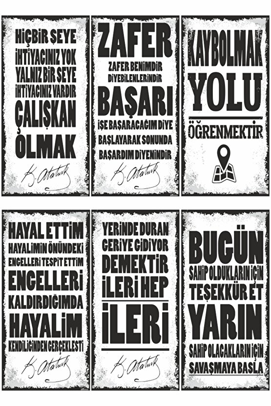 Atatürk Sözleri Motivasyon Duvar Yazıları 6lı Mini Retro Ahşap Poster Seti
