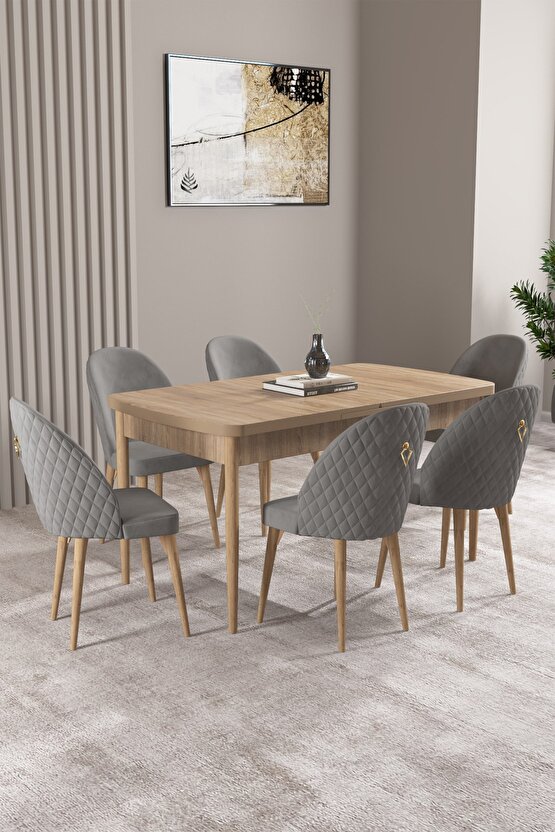 Milas Meşe Desen 80x132 Mdf Açılabilir Mutfak Masası Takımı 6 Adet Sandalye