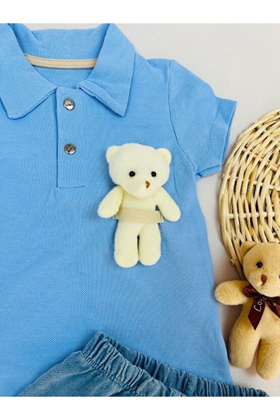 Erkek Bebek Ayıcık Oyuncaklı Lacoste Tişört Kot Şort Takım Mavi