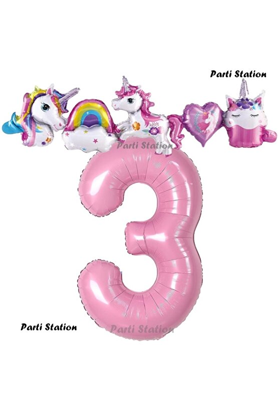 Pembe Renk Rakam Balonlu Unicorn 3 Yaş Doğum Günü Parti Balon Set Pembe Renk Unicorn Tema Parti Seti