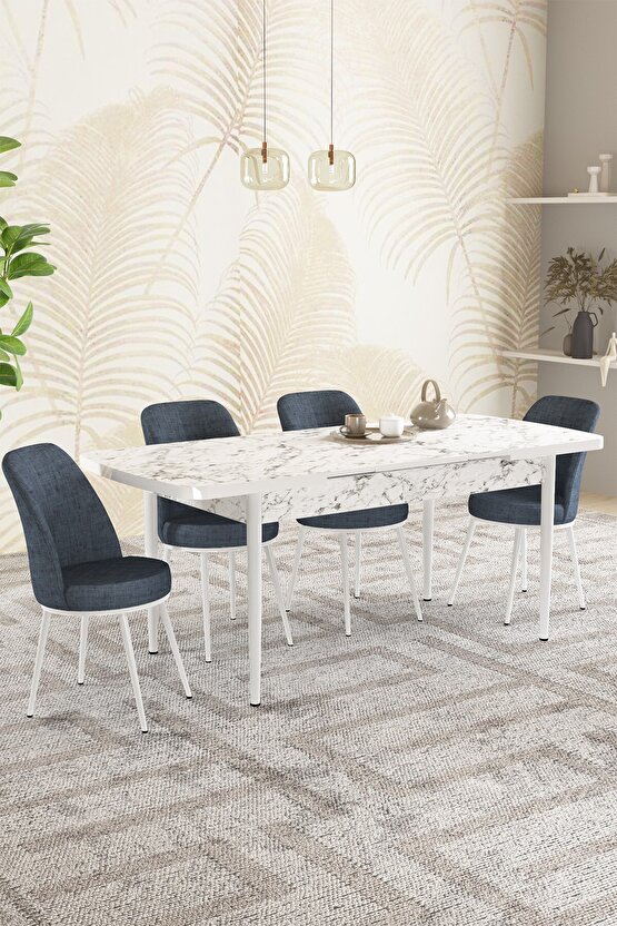 Rita Beyaz Mermer Desen 80x132 Açılabilir Mutfak Masası Takımı 4 Adet Sandalye
