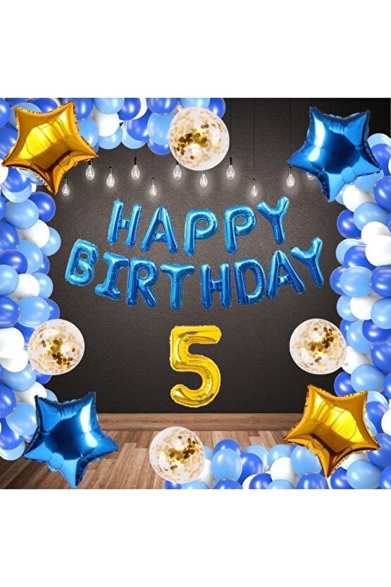 Mavi Konsept Happy Birthday 5 Yaş Doğum Günü Set Mavi Konsept Zincir Balon Set 5 Yaş Balon Seti