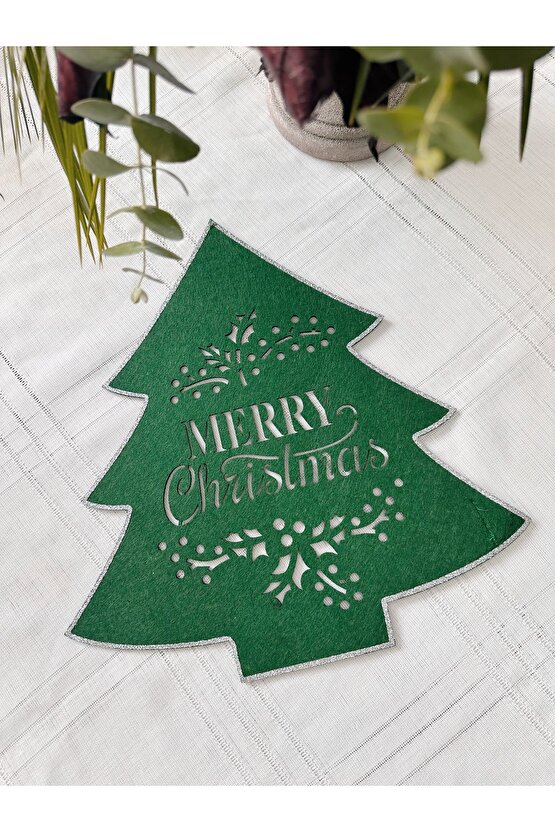 1 adet Yeşil Keçeden Ağaç Şeklinde Merry Christmas Yazılı Simli Noel Suplası & Amerikan Ser