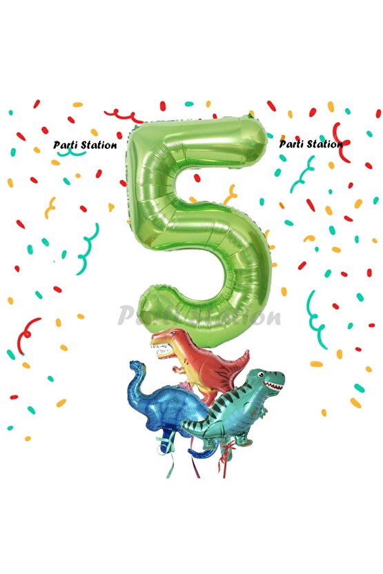 Yeşil Renk Rakam Balonlu Küçük Boy Dinozor Balonlu 5 Yaş Dinozor Konsept Doğum Günü Parti Balon Set