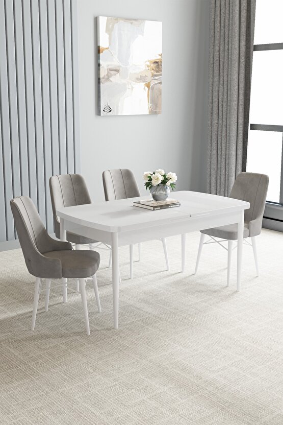 Beyaz 80x132 Açılabilir Mutfak Masası Takımı 4 Adet Sandalye