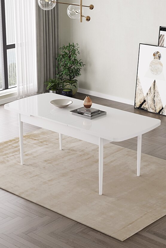 Mabel Beyaz Desen 80x132 Mdf Açılabilir Mutfak Masası Takımı 4 Adet Sandalye