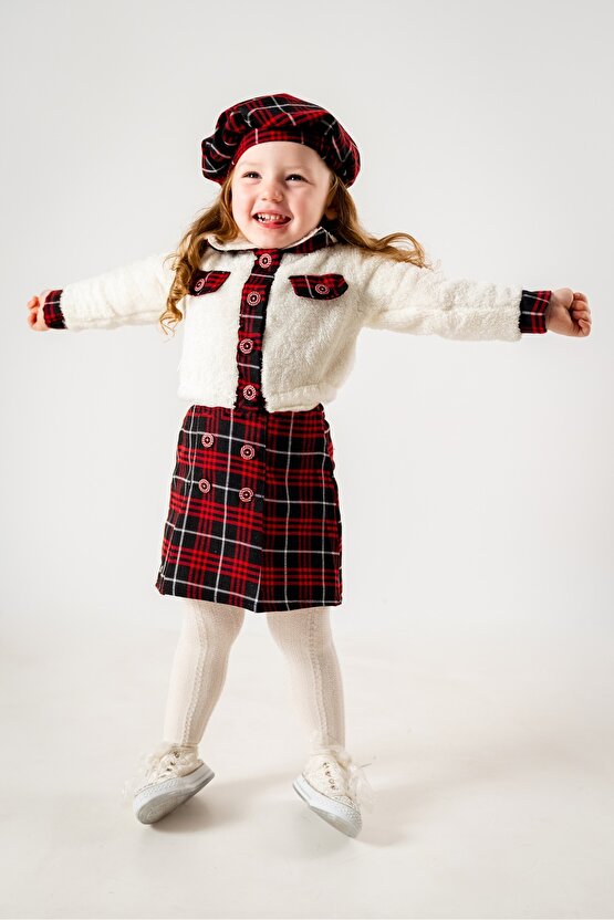 Kız Çocuk Kız Bebek Hırkalı Şapkalı Etekli Welsoft Peluş Oduncu Üçlü elbise takım